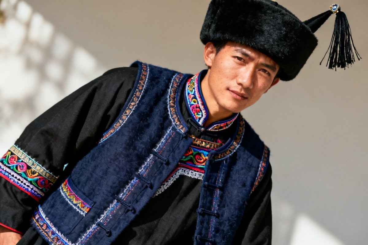 Bonan male traditional clothing and headwear