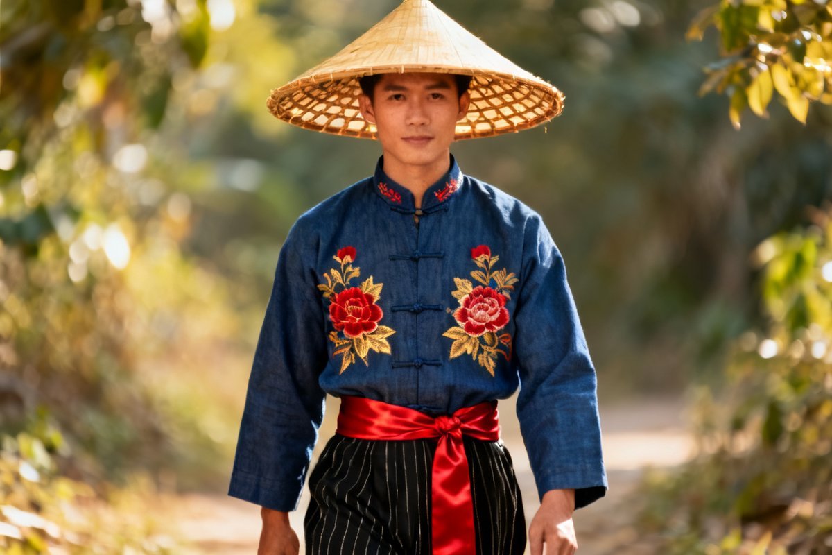 Dai male traditional clothing and headwear