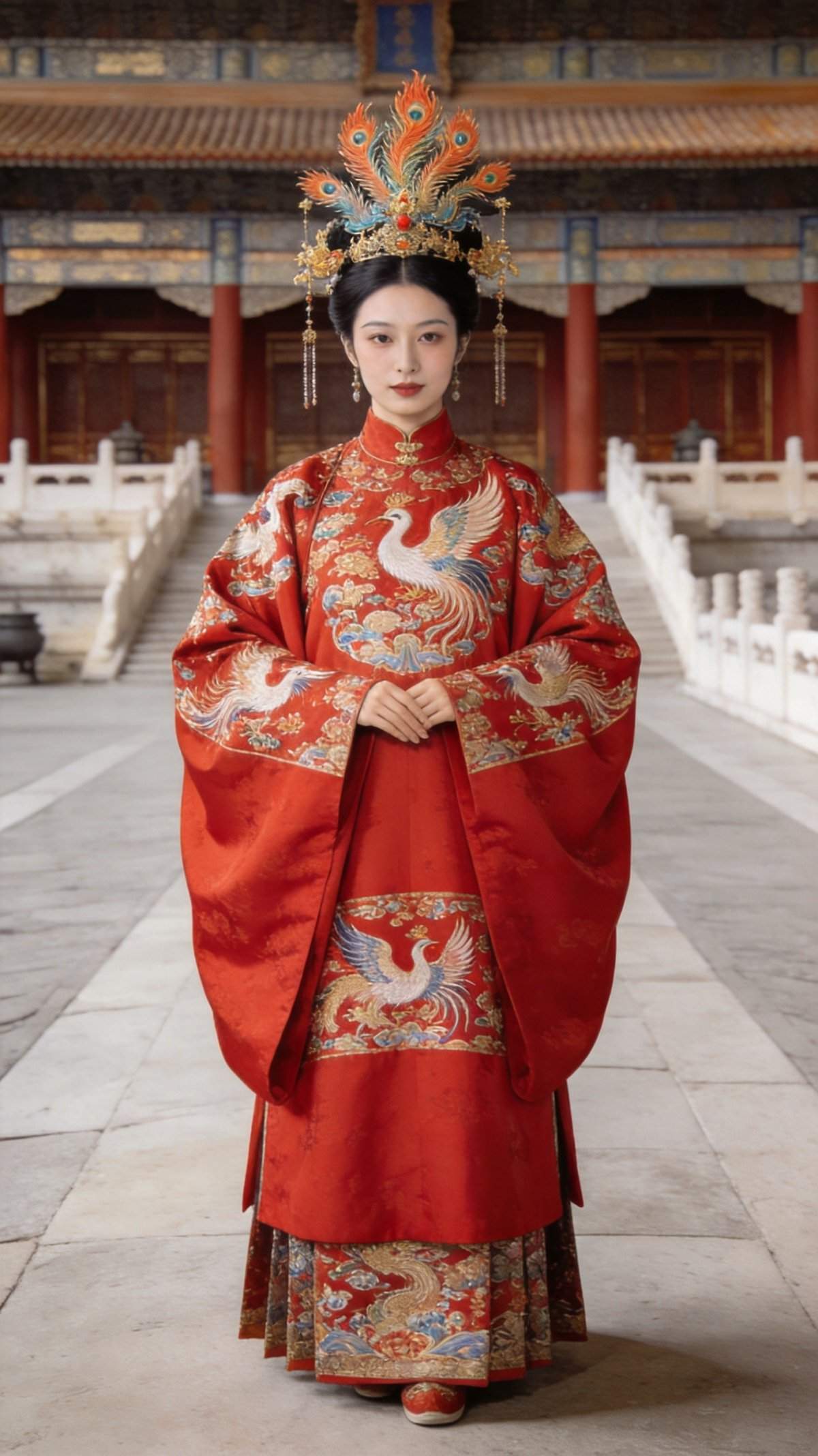 Ming Dynasty imperial consort wearing phoenix crown and elaborately embroidered red ceremonial robe