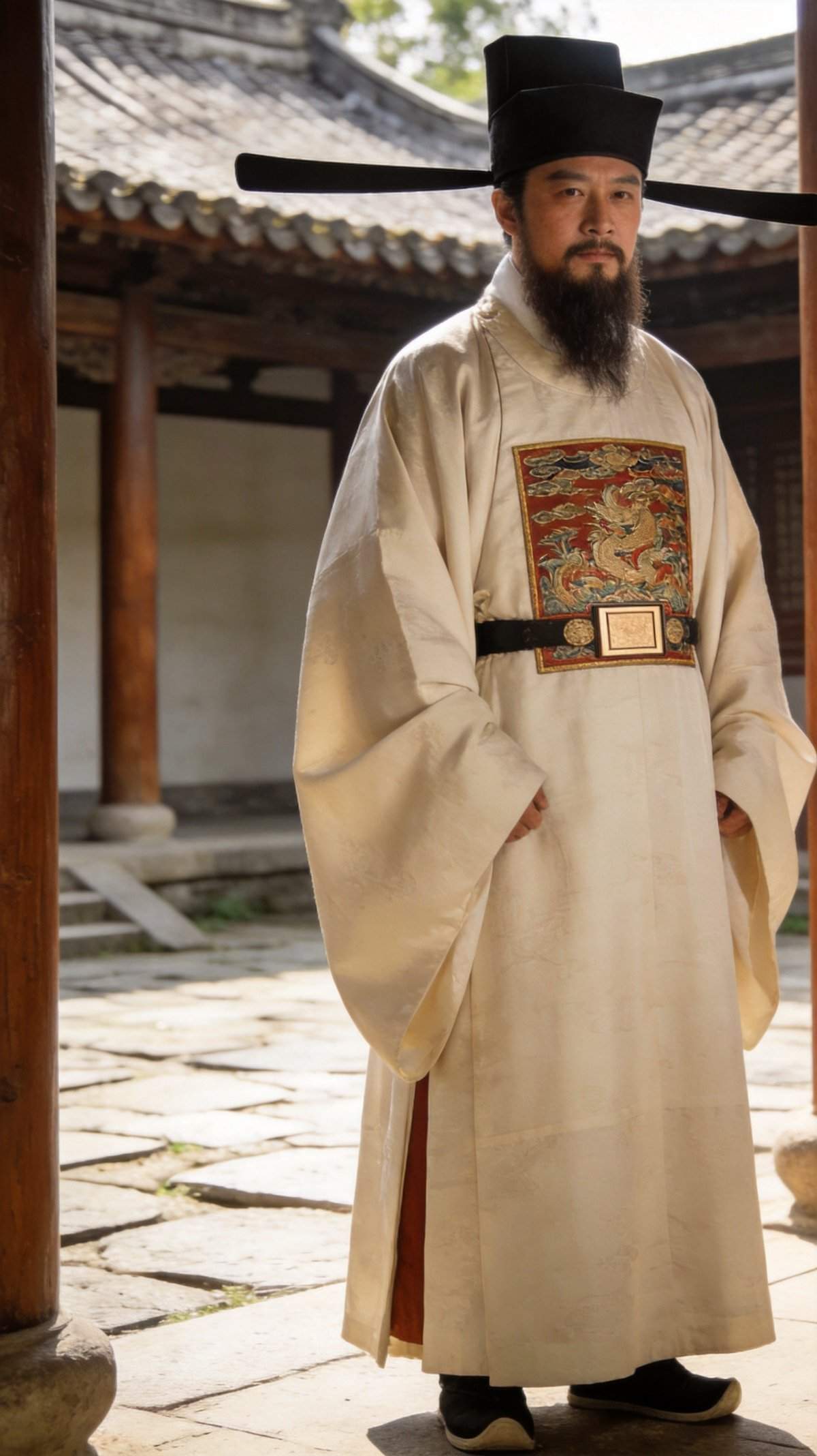 Ming Dynasty male official wearing round-collared robe with mandarin square rank badge and wushamao hat