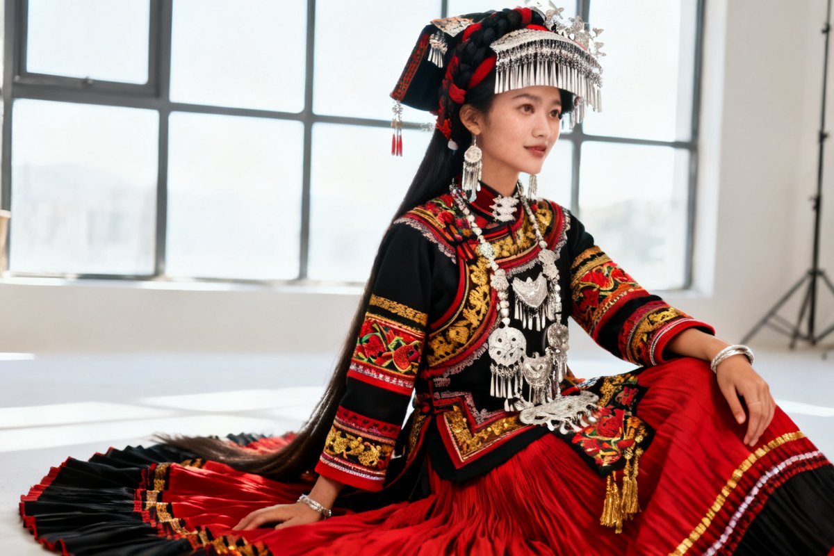Jingpo female traditional clothing and silver ornaments