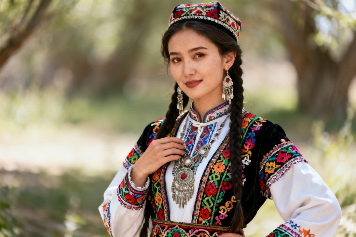 Kyrgyz female traditional clothing and silver ornaments
