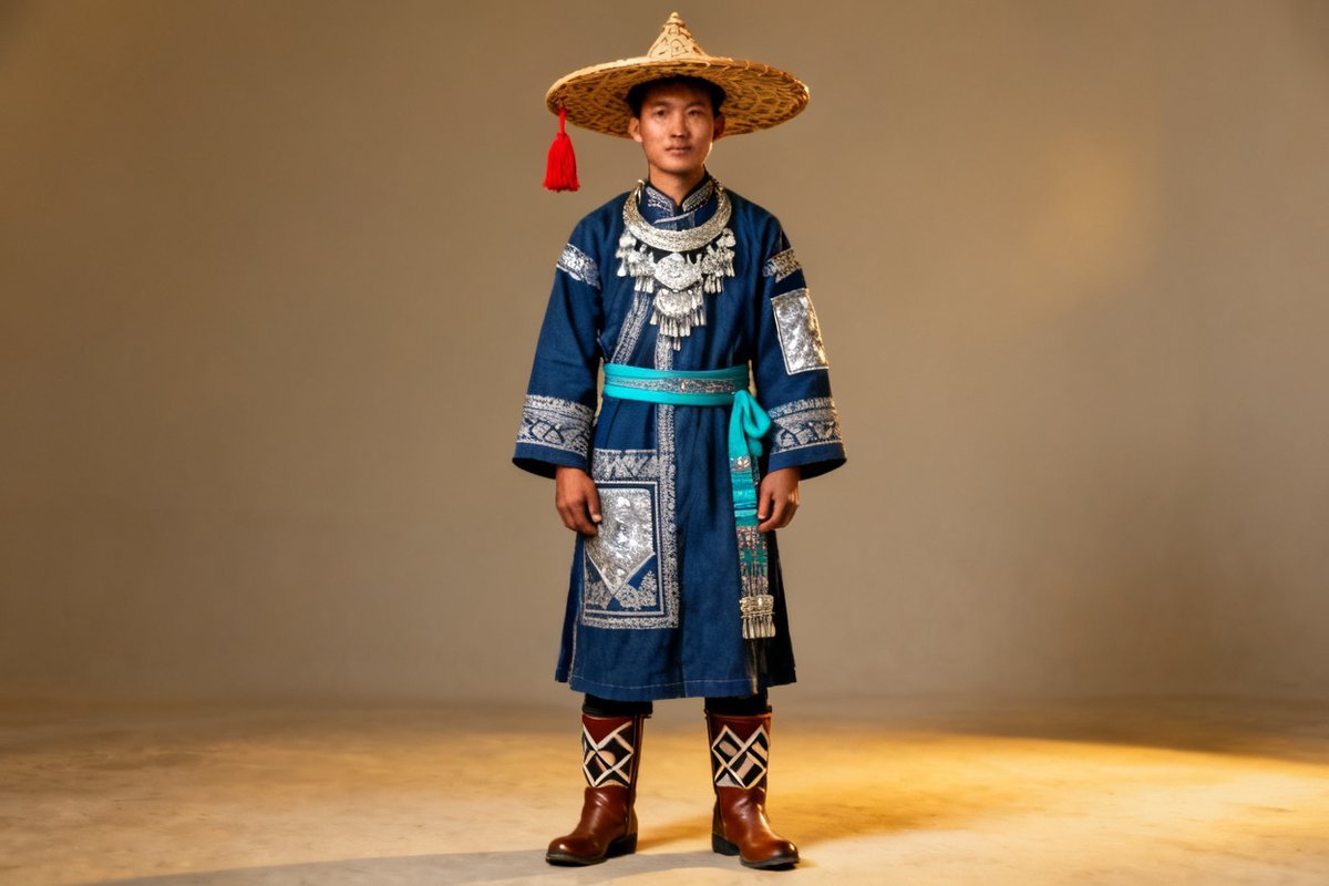 Lhoba male traditional clothing and headwear