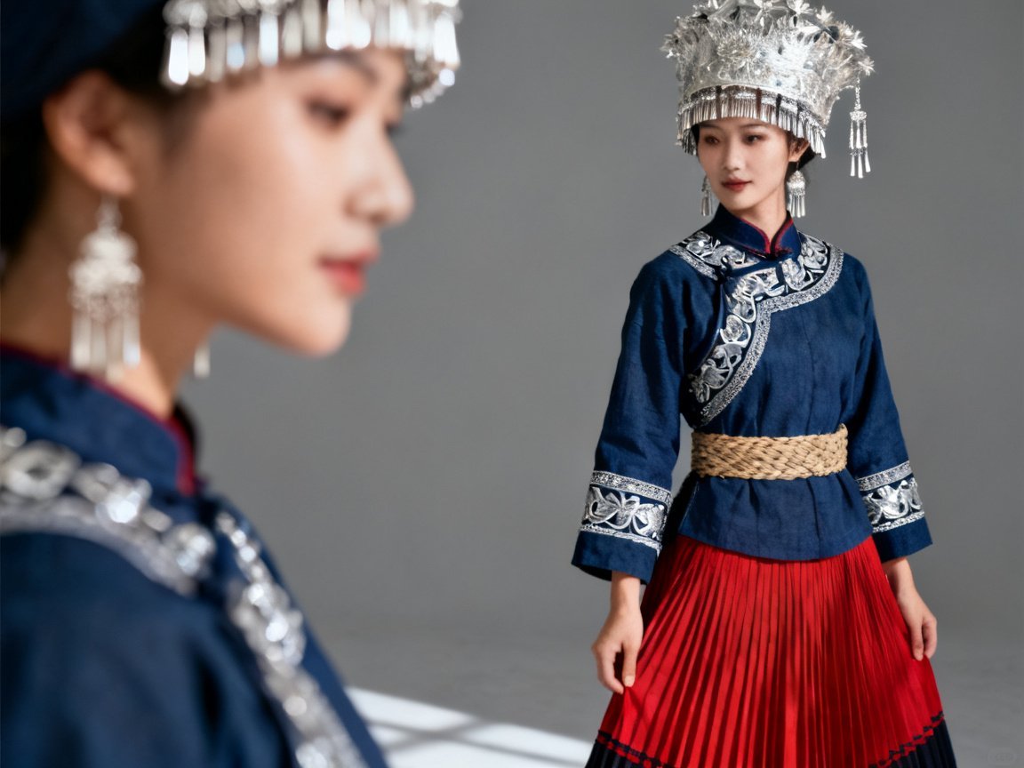 Maonan female traditional clothing and silver ornaments