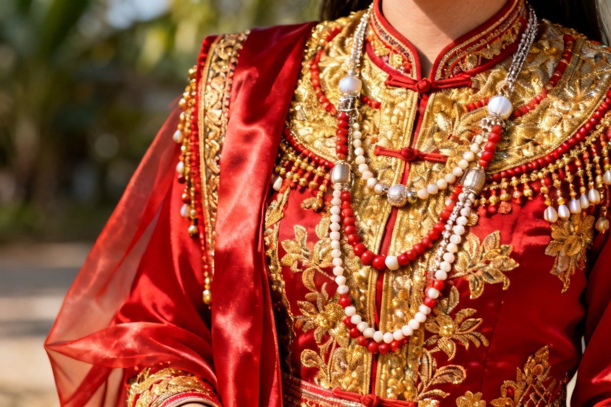 Monba female traditional clothing and silver ornaments