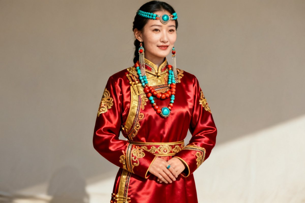 Mongolian female traditional clothing and silver ornaments