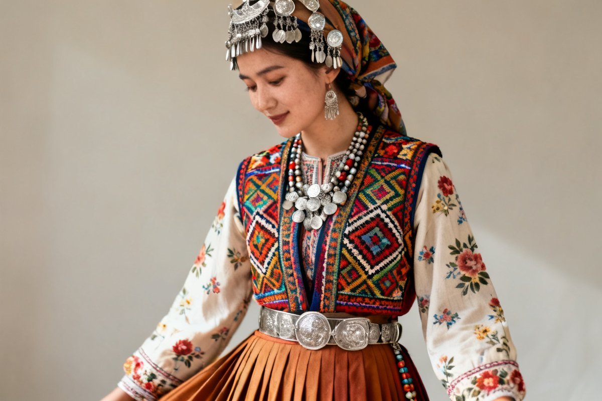 Pumi female traditional clothing and silver ornaments