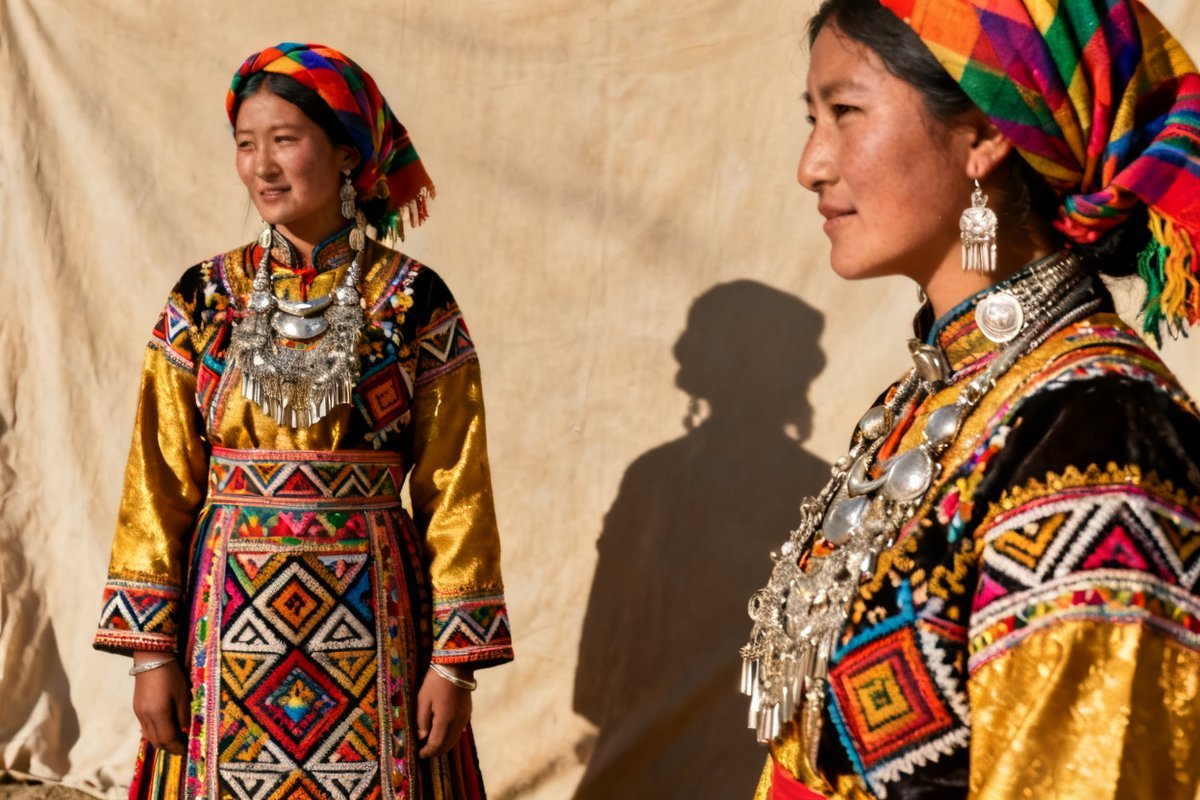 Salar female traditional clothing and silver ornaments