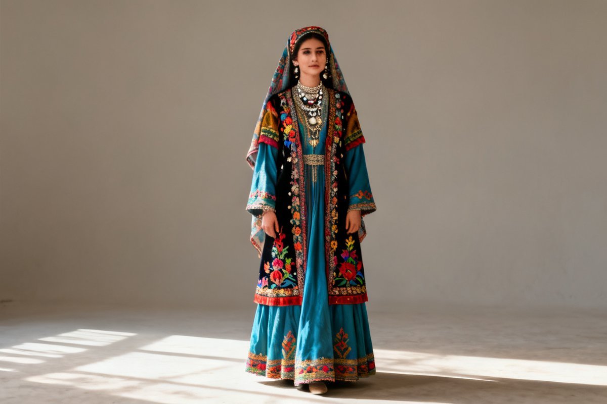 Tajik female traditional clothing and silver ornaments