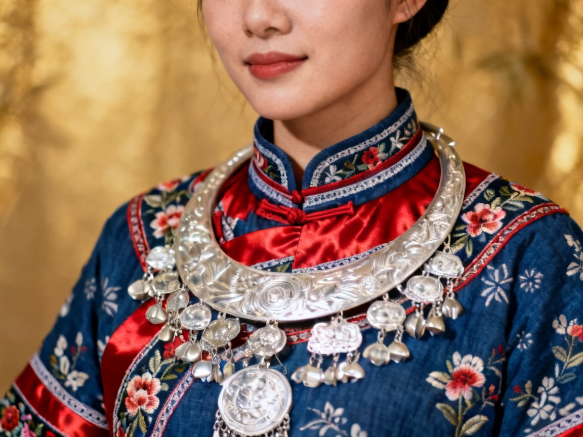 Tujia female traditional clothing and silver ornaments
