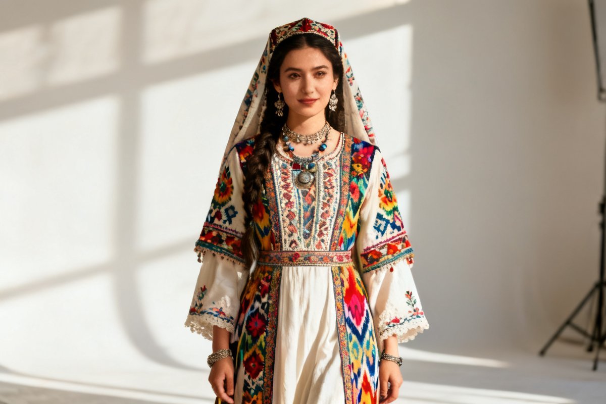 Uyghur female traditional clothing and silver ornaments