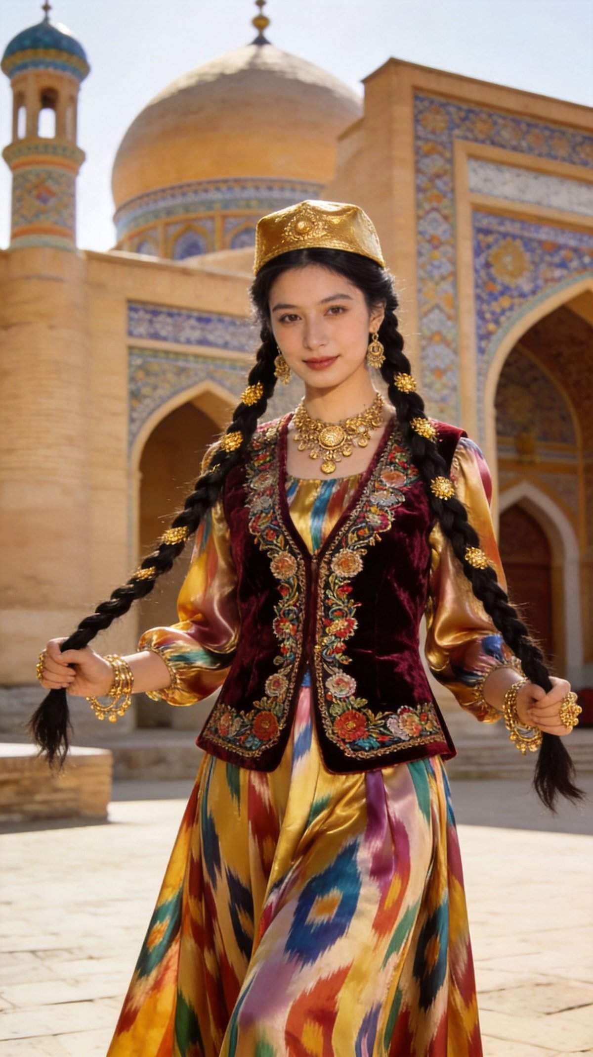 Uzbek female traditional clothing and silver ornaments