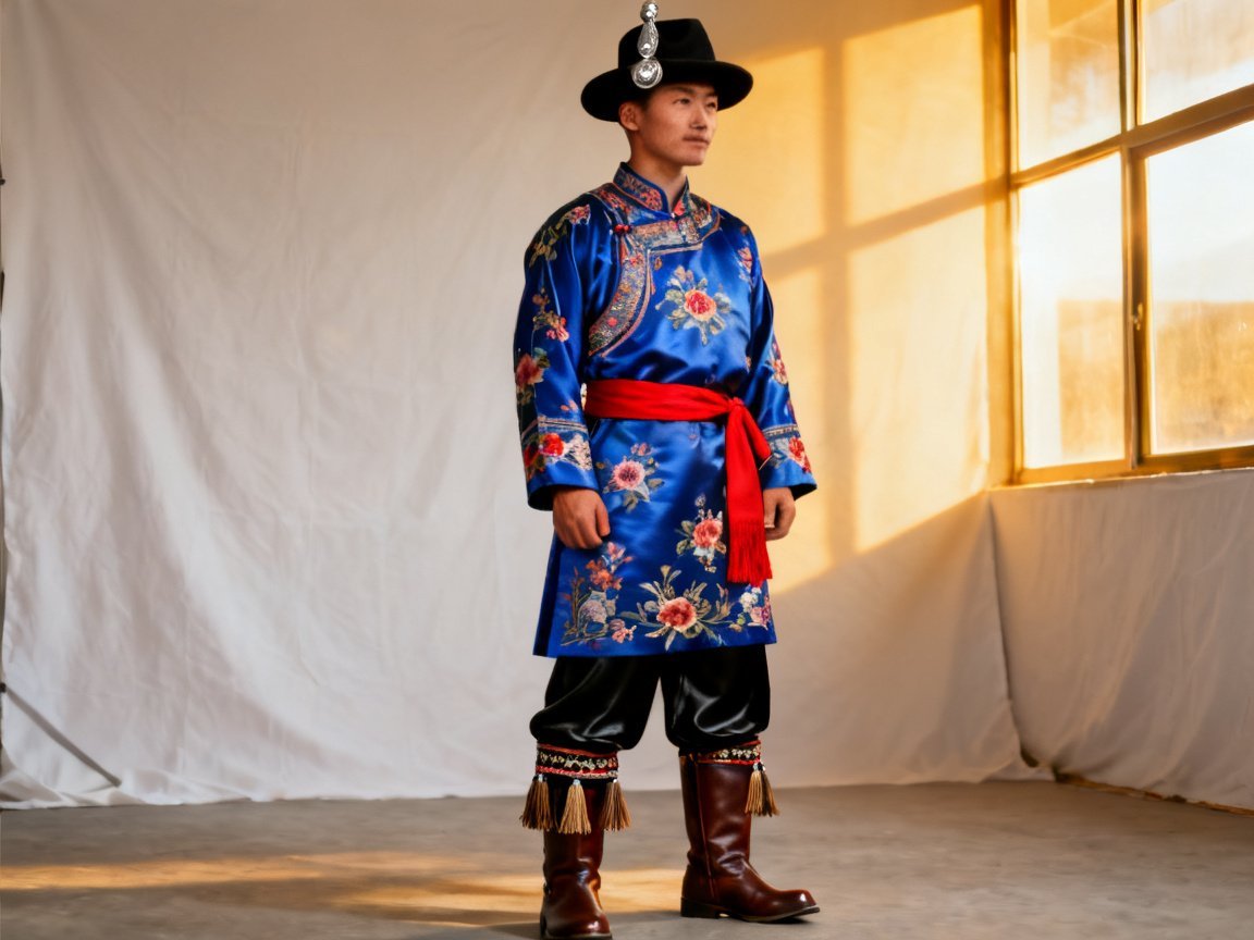 Xibe male traditional clothing and headwear