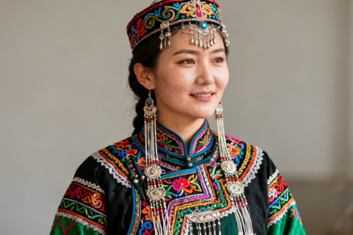 Yugur female traditional clothing and silver ornaments
