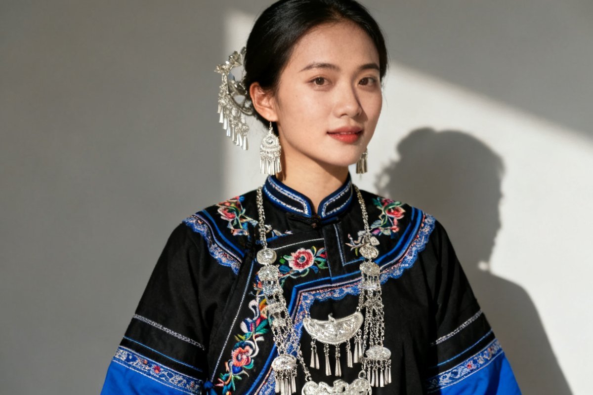 Zhuang female traditional clothing and silver ornaments